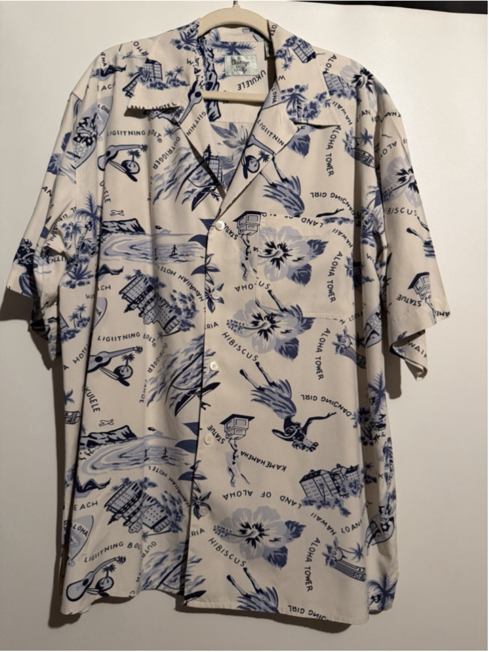 Vintage Silk Hawaiian Shirt Sz L Blue Ivory Aloha Surf Hula Resort